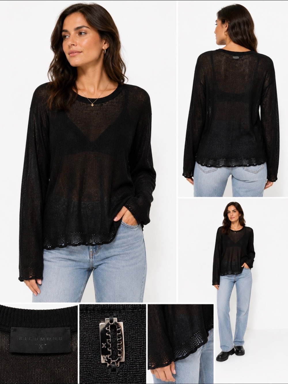 Richmond Black Sheer Knit Long-Sleeve Top with Scalloped Hem